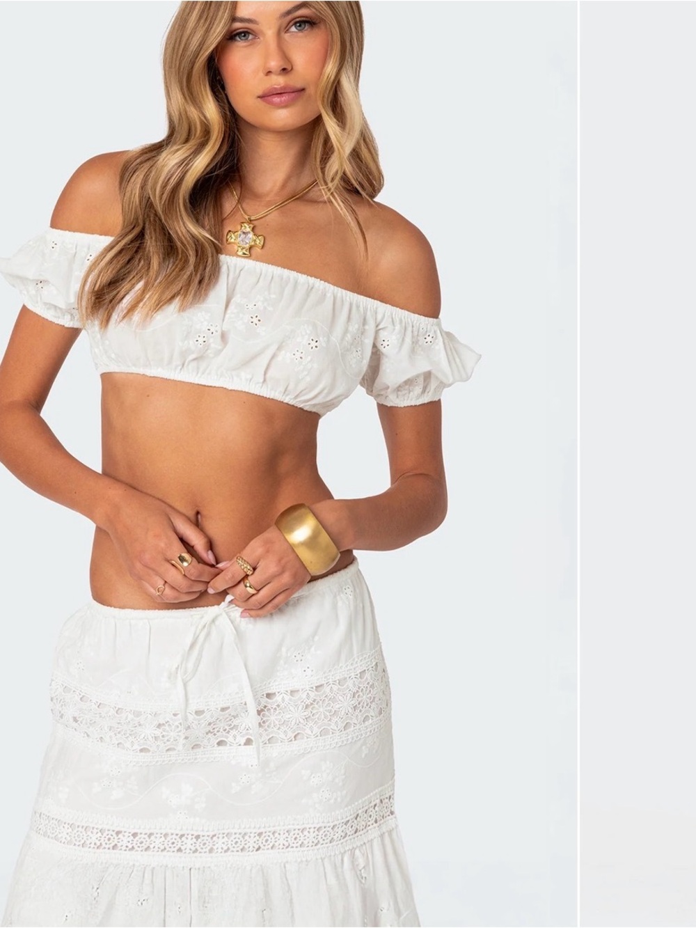 White Eyelet Off-Shoulder Crop Top & Skirt Set